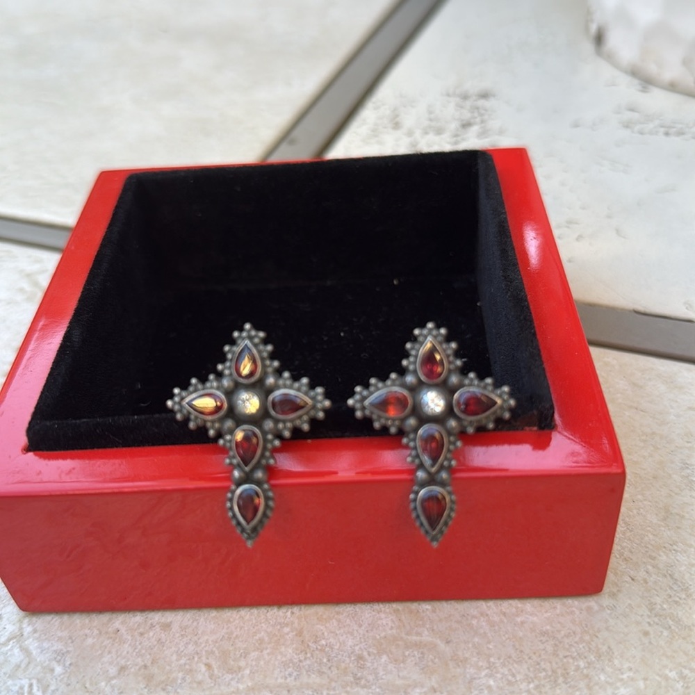 Vintage Sterling Silver Garnets Gemstone Cross Earrings Byzantine Earrings